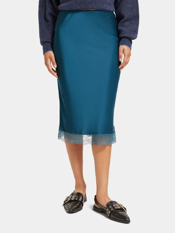 Satin midi skirt with lace detail