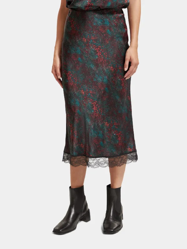 Satin midi skirt with lace detail