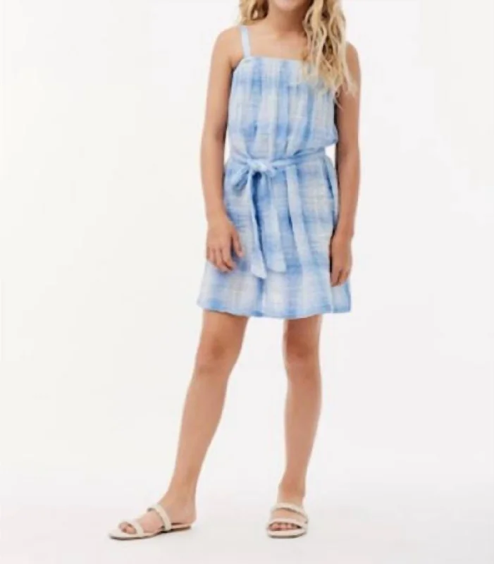 Plaid Sash Sundress In Heather Blue