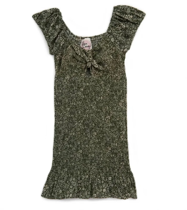 Smocked Off Shoulder Dress In Olive