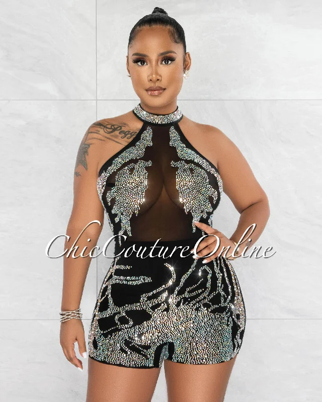 Benjamin Black Mesh Iridescent Rhinestones Halter Romper