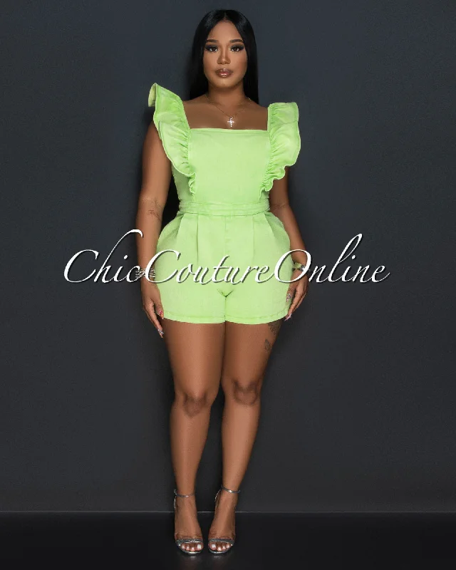 Elena Apple Green Ruffle Sleeves Denim Romper