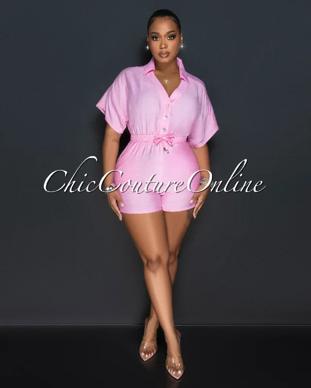 Fausta Baby Pink Front Buttons Utility Romper
