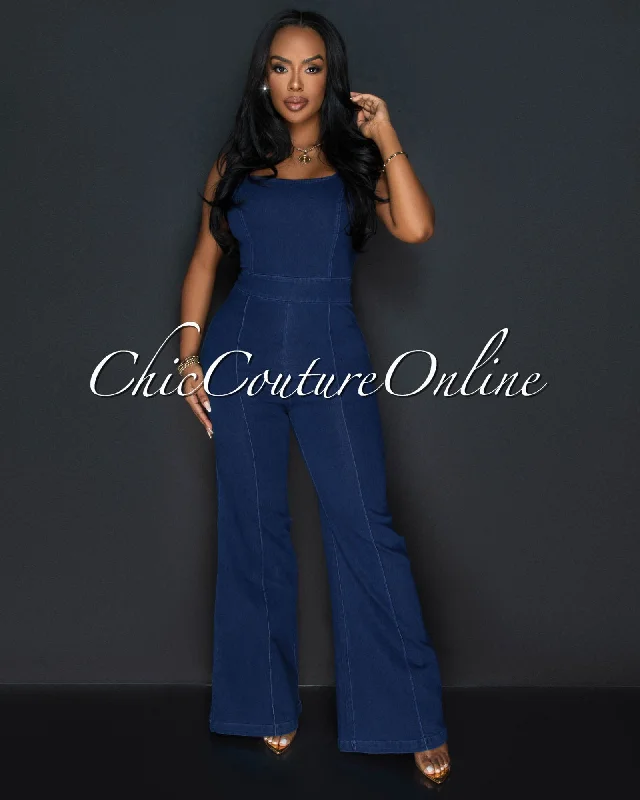 Lina Dark Denim Sleeveless Wide Legs Jumpsuit