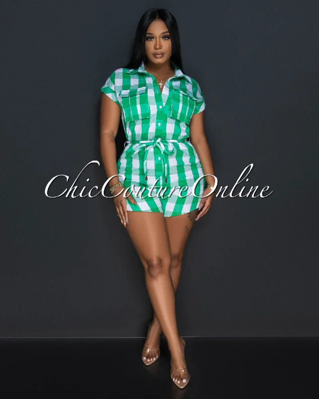 Olinda Green White Plaid Print Utility Romper