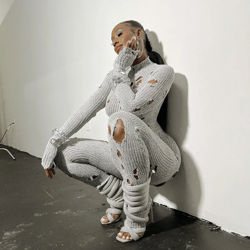 Perforated Long Sleeve Back Strap Woolen Long jumpsuit(CL12025)