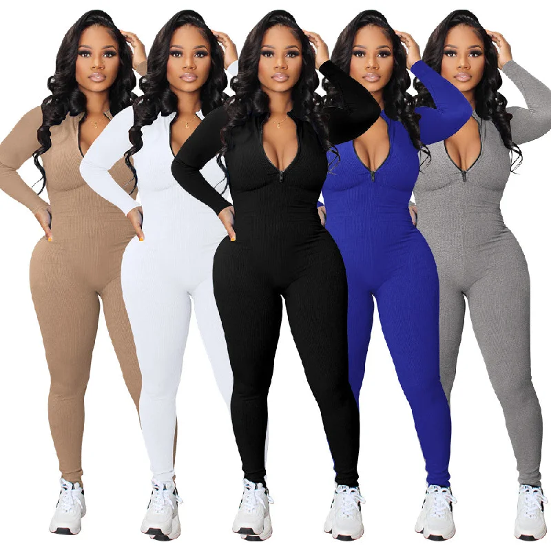 Sunken Stripe Zipper Sports Jumpsuit（CL10741）