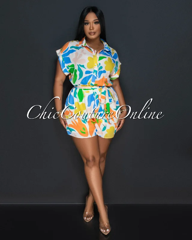 Thena Cream Multi-Color Print Utility Romper