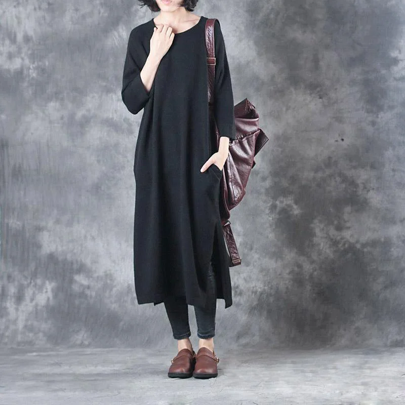 black fashion woolen dresses baggy loose slim casual bracelet sleeved knit dress