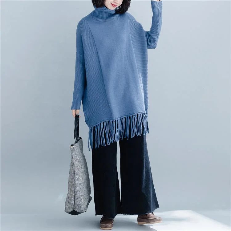 Fashion blue knit tops plus size clothing high neck knit sweat tops tassel