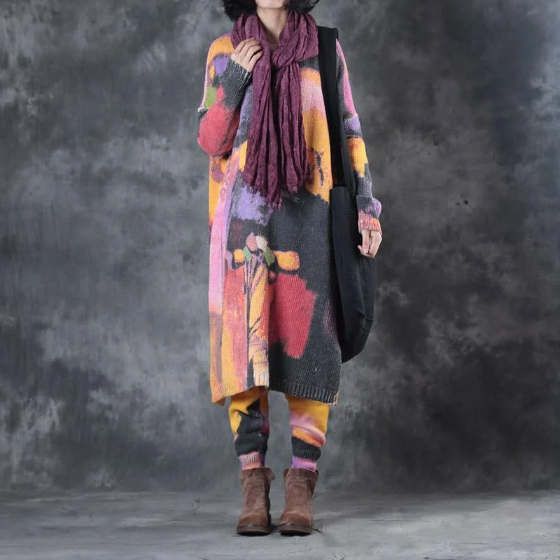 purple yellow prints woolen sweater and casual elastic waist knit pants two pieces