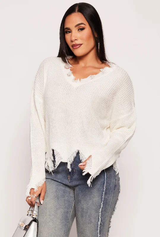 Distressed Knit V Neck Sweater