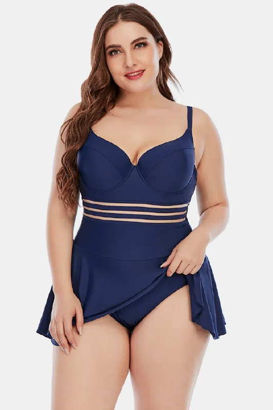 Elle Striped Sweetheart Neck Swim Dress Plus Size