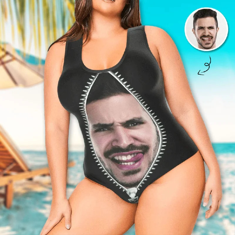 Maternity Swimwear Plus Size Bathingsuit-Custom Face Swimsuit Personalized Zipper Photo Women's One Piece Bathing Suit Gift For Her