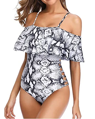 Ladies Hollow Out Off Shoulder Ruffle One Piece Swimsuits-Black And White Snake Print