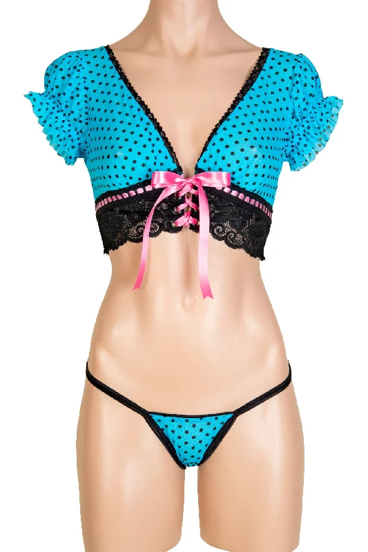 Turquoise Scarlet Dots/Black Lace/Pink Trim